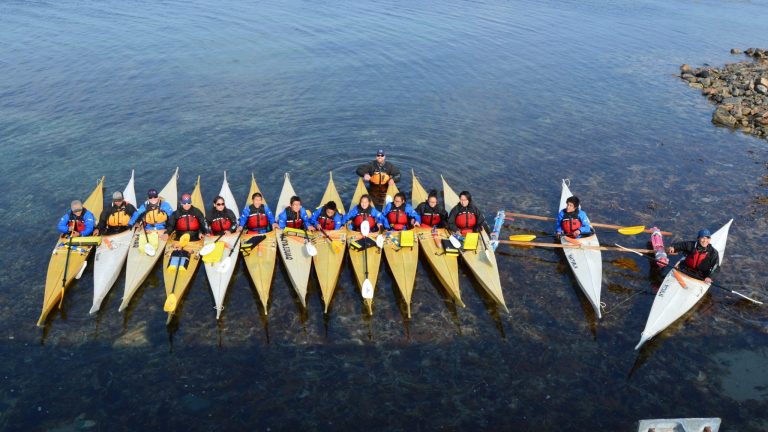 kayaks in a line