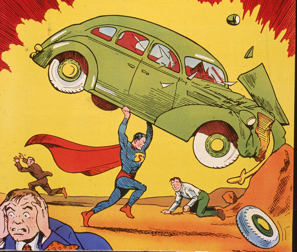 Illustration de Superman levant une voiture sur sa tête et la jette