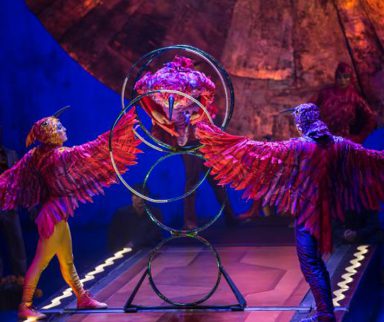 Two circus performers dressed as birds holding hoops that another performer is jumping through