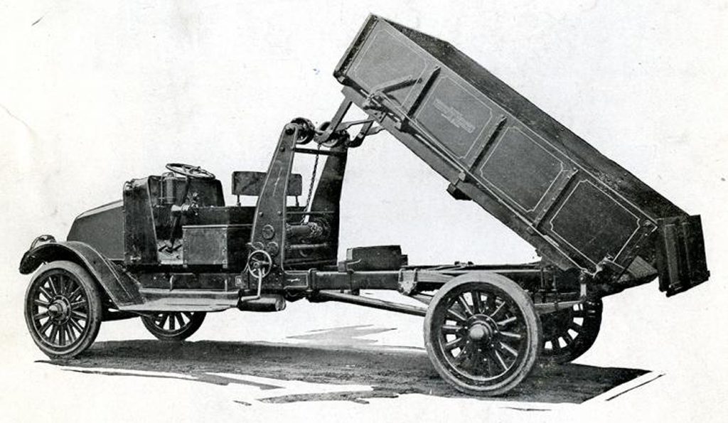 Black and white image of the first dump truck