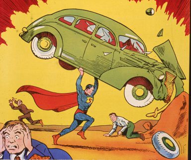 Illustration of Superman lifting a car over his head and throwing it