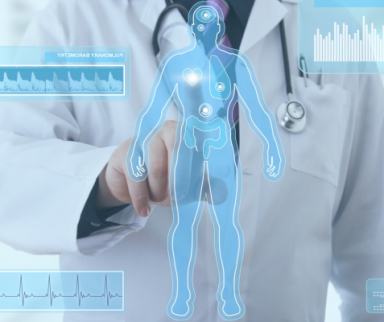 doctor with hologram of human body systems and statistics