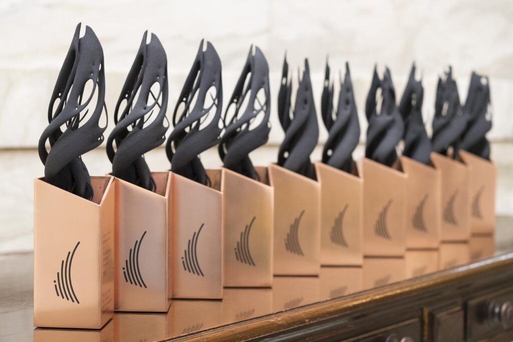 GGIA awards lined up on a table