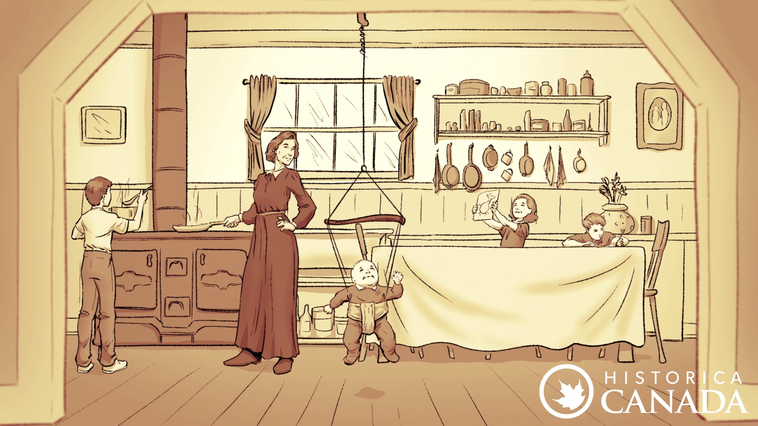 cartoon woman and family in kitchen